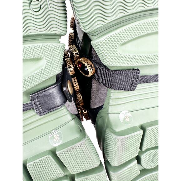 Gucci Flashtrek Chunky Green Gray Leather Crystal Embellished Sneakers Size 36 - Picture 4 of 9